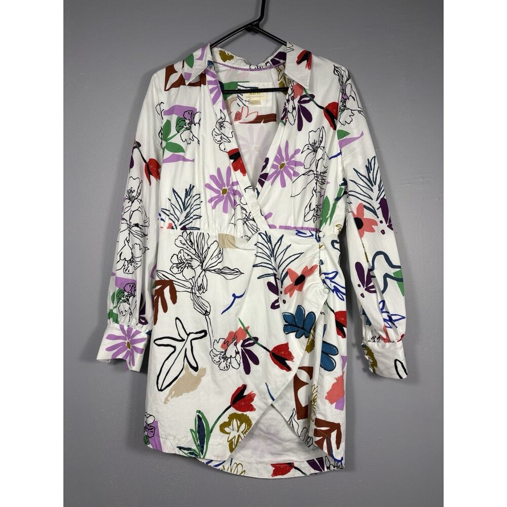 Anthropologie Maeve Abstract Floral Collared Cotton Wrap Dress Womens Size Small